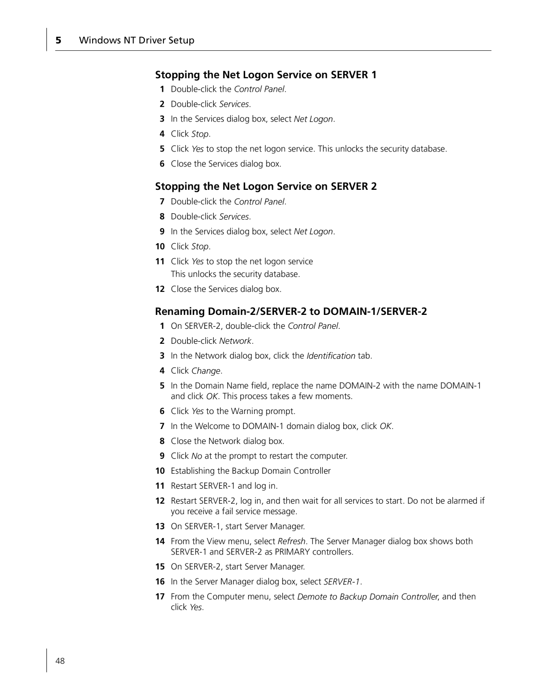 3Com 3C996B-T manual Stopping the Net Logon Service on Server, Renaming Domain-2/SERVER-2 to DOMAIN-1/SERVER-2 