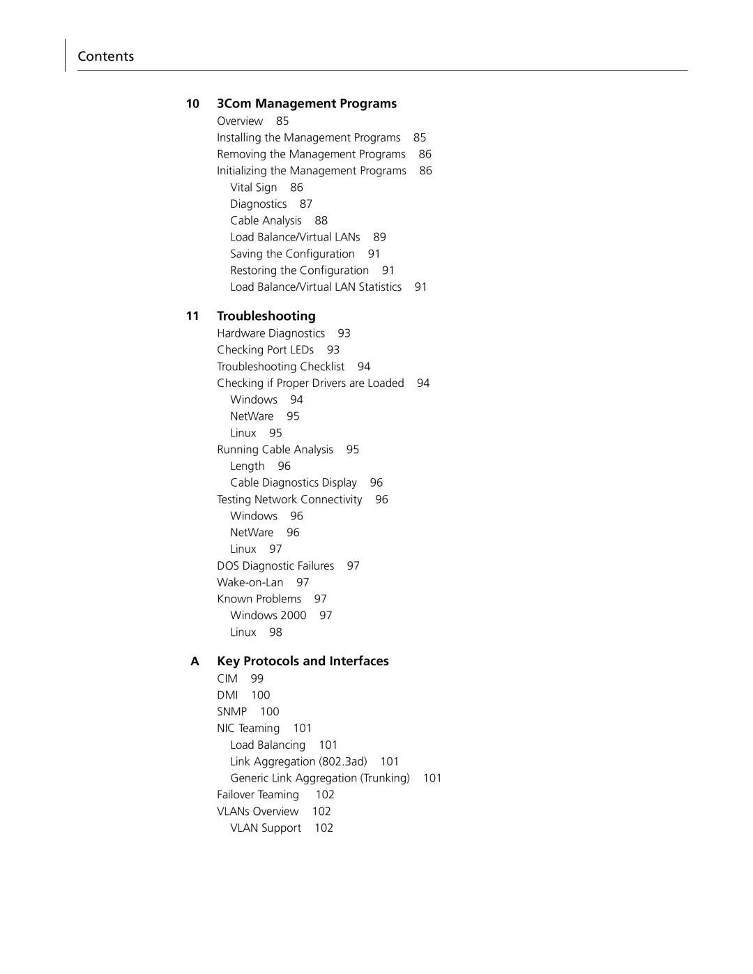 3Com 3C996B-T manual 10 3Com Management Programs, Troubleshooting, Key Protocols and Interfaces 