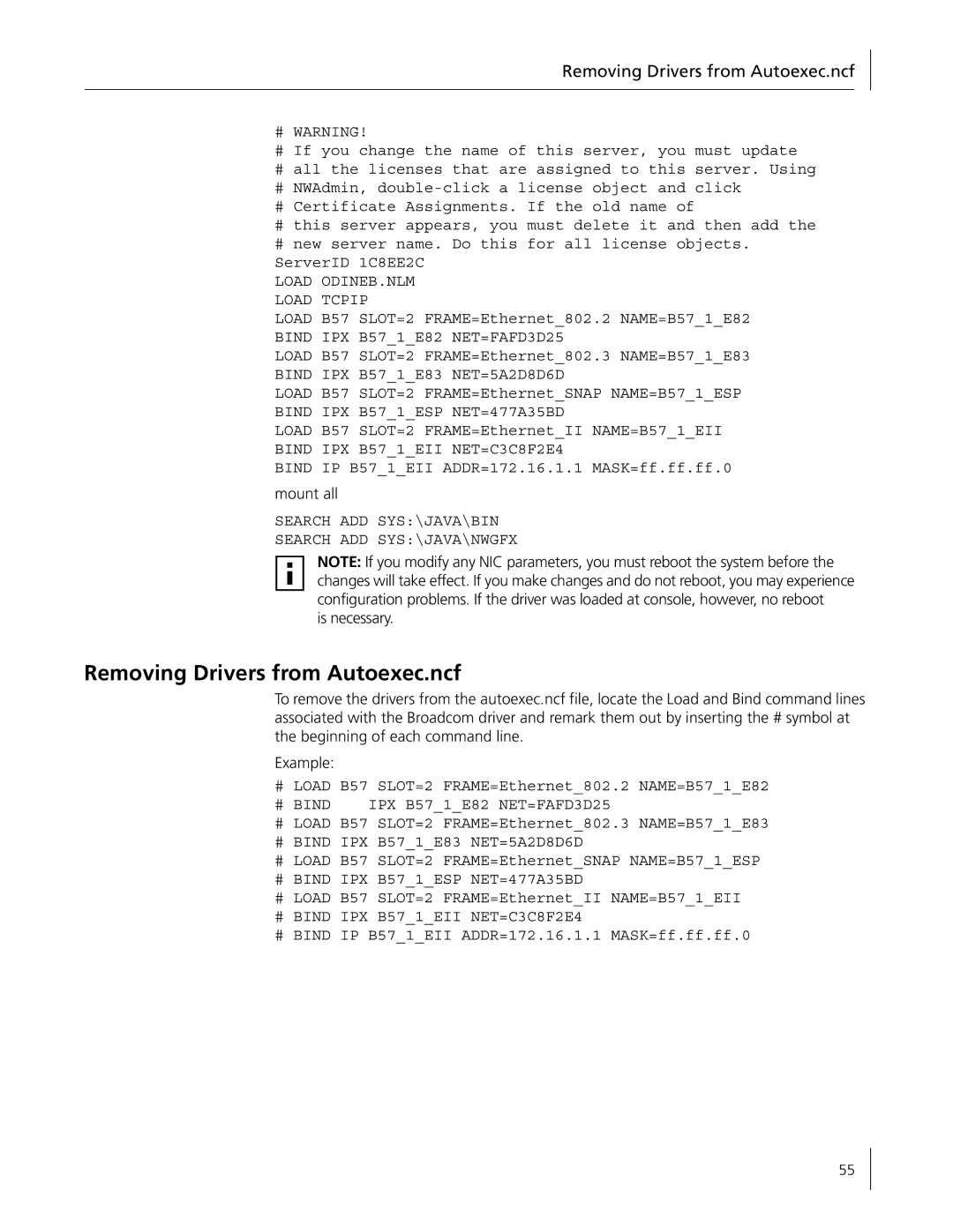 3Com 3C996B-T manual Removing Drivers from Autoexec.ncf 