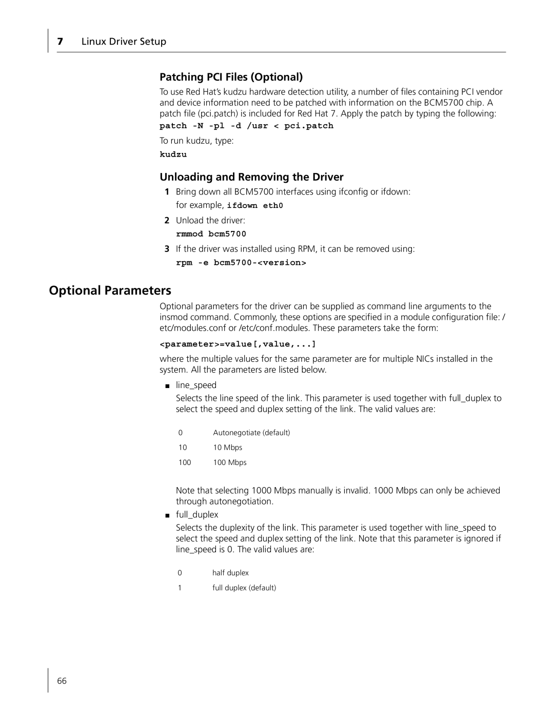 3Com 3C996B-T Optional Parameters, Patching PCI Files Optional, Unloading and Removing the Driver, Linux Driver Setup 