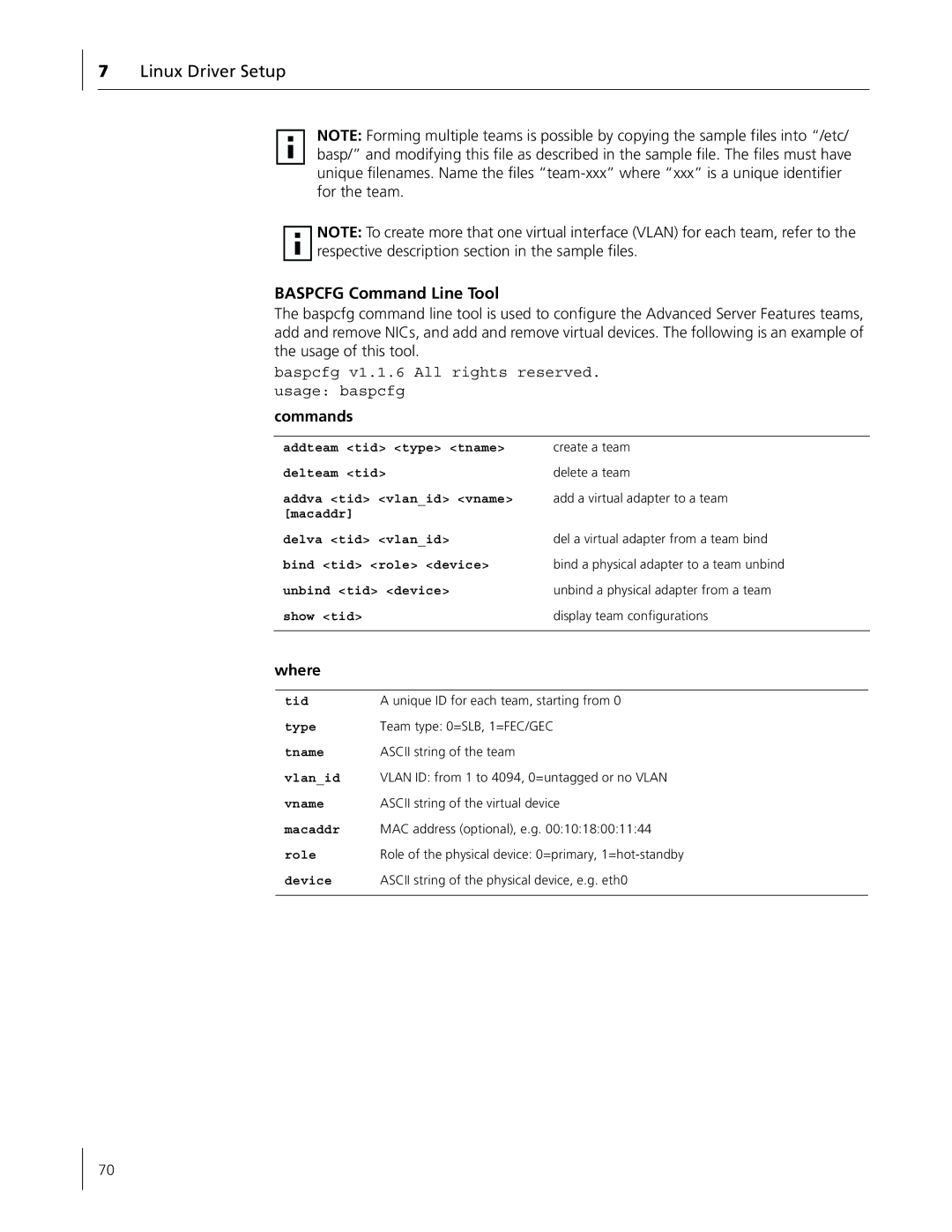 3Com 3C996B-T manual Baspcfg Command Line Tool, Commands 