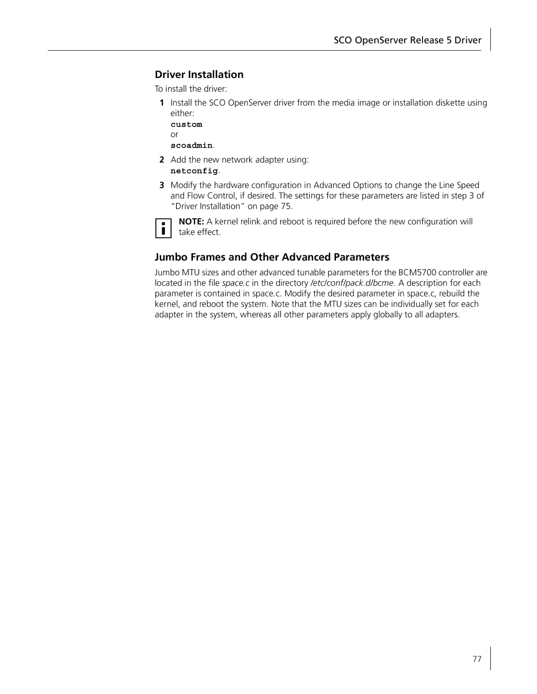 3Com 3C996B-T manual Jumbo Frames and Other Advanced Parameters, SCO OpenServer Release 5 Driver, Custom or scoadmin 