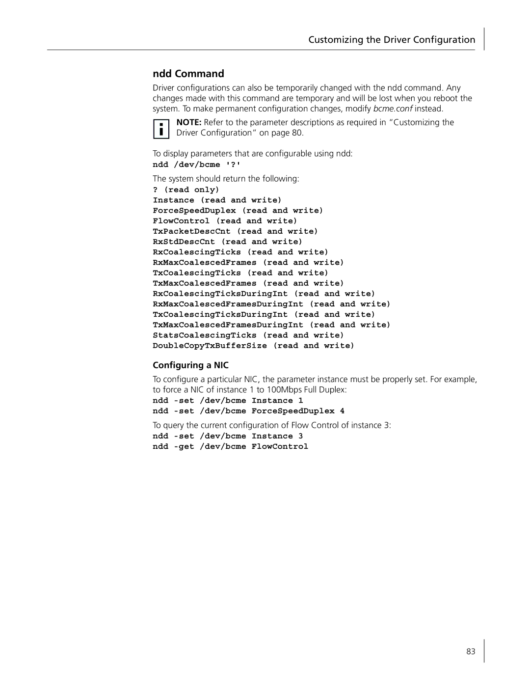 3Com 3C996B-T manual Ndd Command, Configuring a NIC, Ndd /dev/bcme ? 