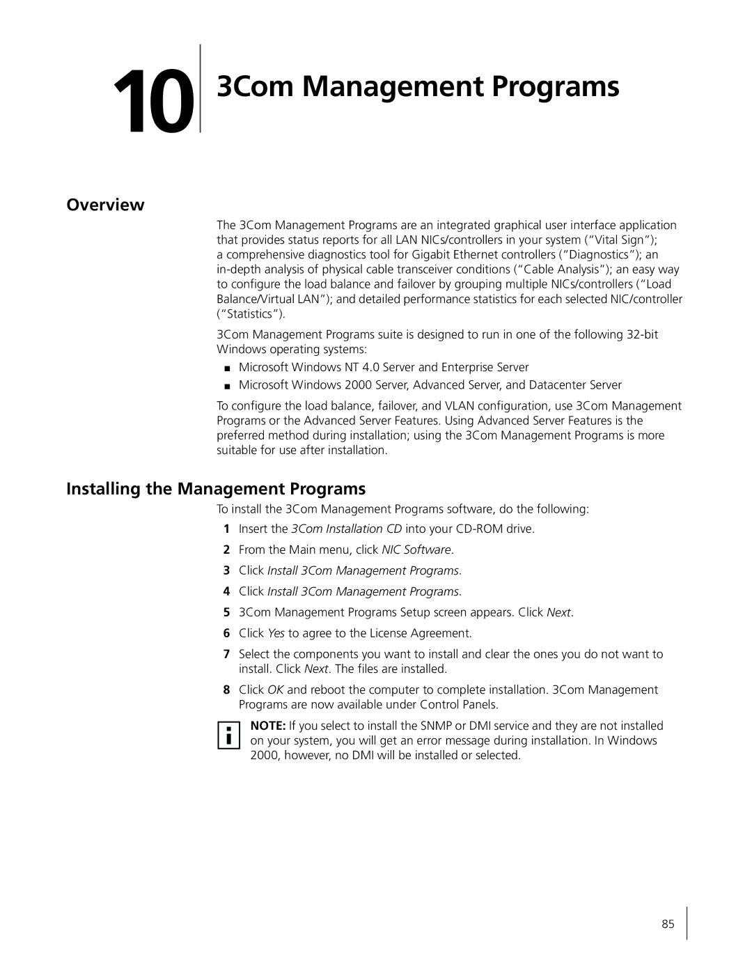 3Com 3C996B-T manual 3Com Management Programs, Overview, Installing the Management Programs 