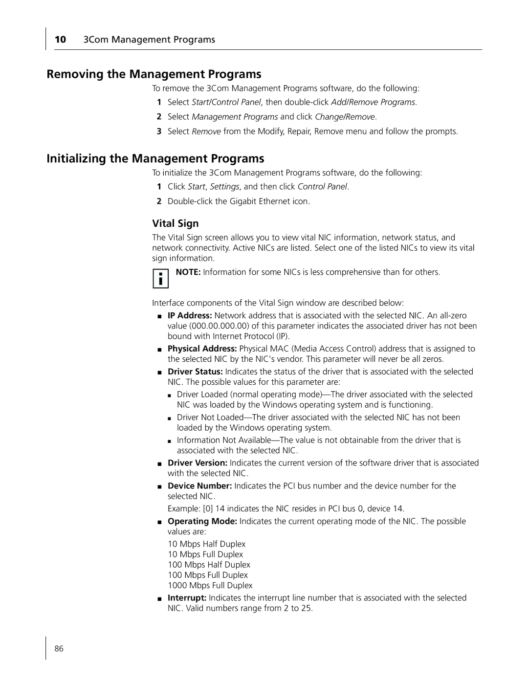 3Com 3C996B-T manual Removing the Management Programs, Initializing the Management Programs, Vital Sign 