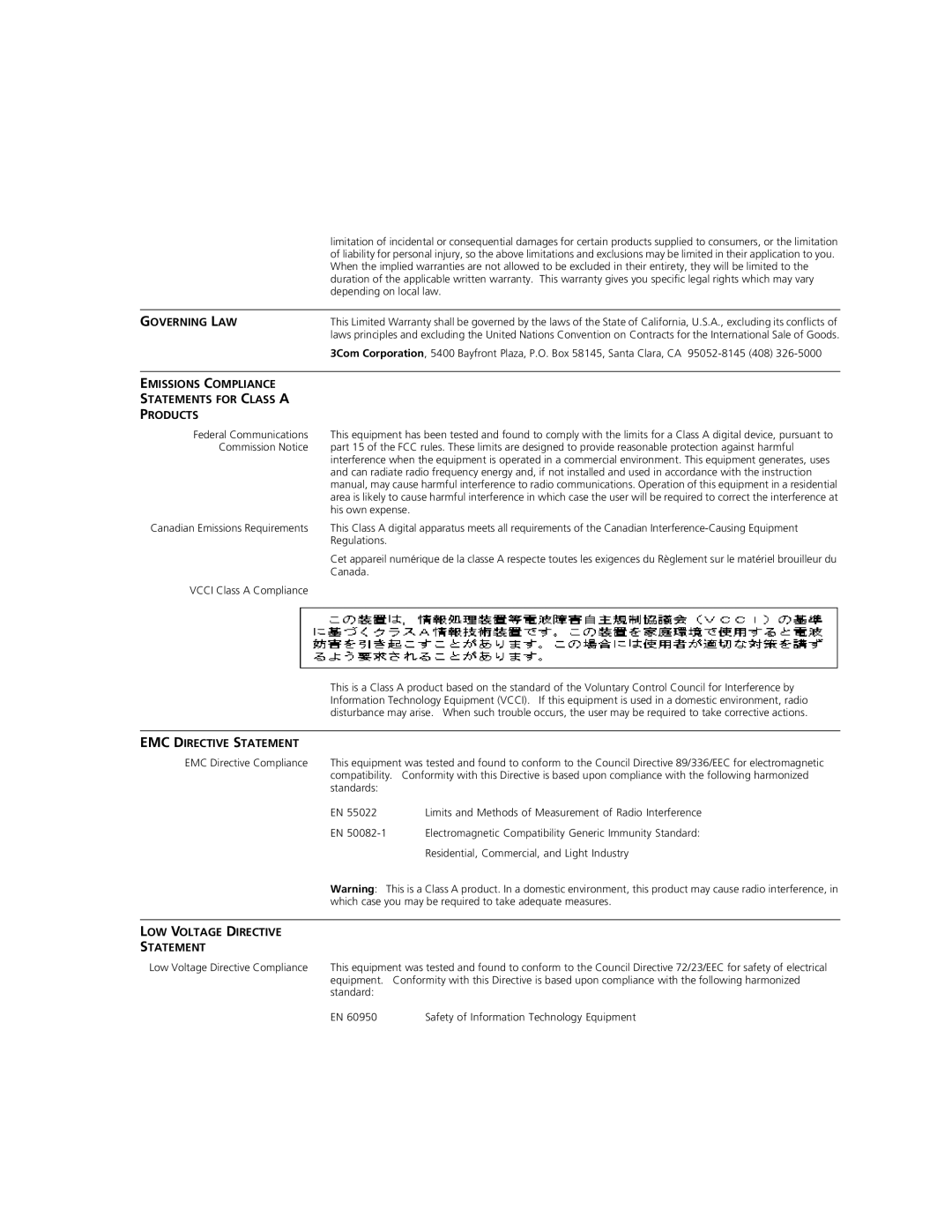 3Com 3CB9EF manual Governing LAW, Emissions Compliance Statements for Class a Products, EMC Directive Statement 