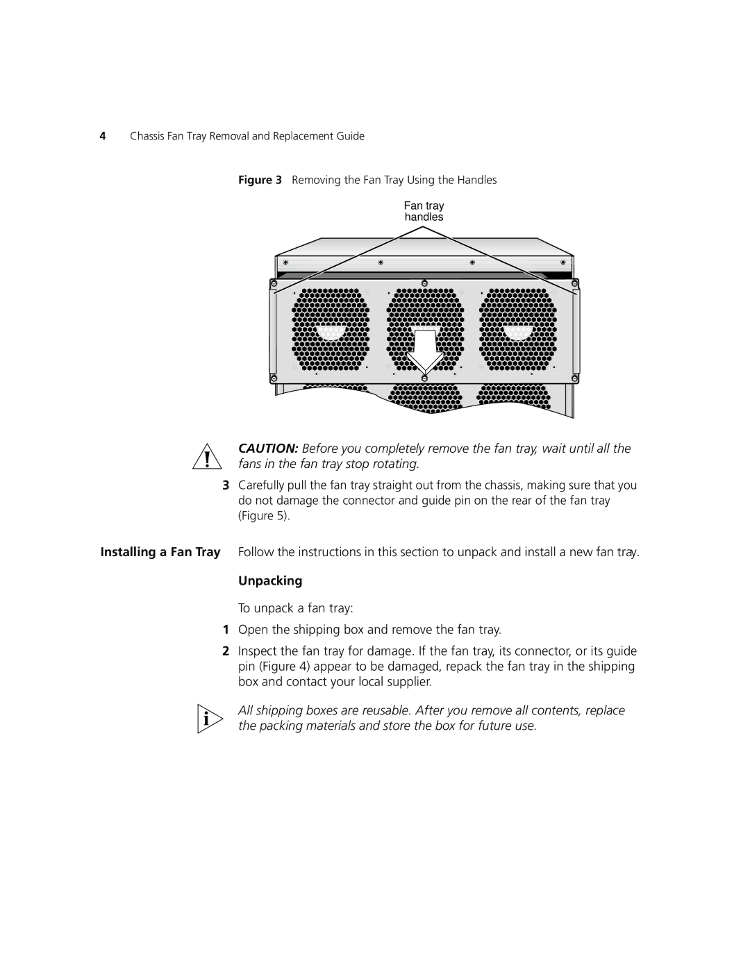 3Com 3CB9EF manual Unpacking, Removing the Fan Tray Using the Handles 