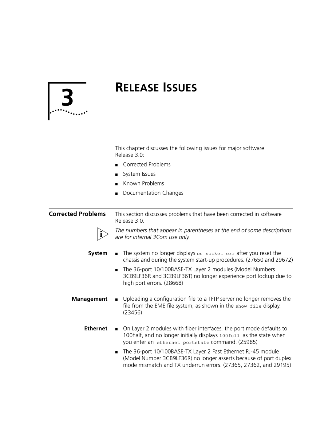 3Com 3CB9LF36RL, 3CB9LF36TL, 3CB9LG9MC, 3CB9LF20MM Release Issues, Corrected Problems, System, Management, Ethernet 