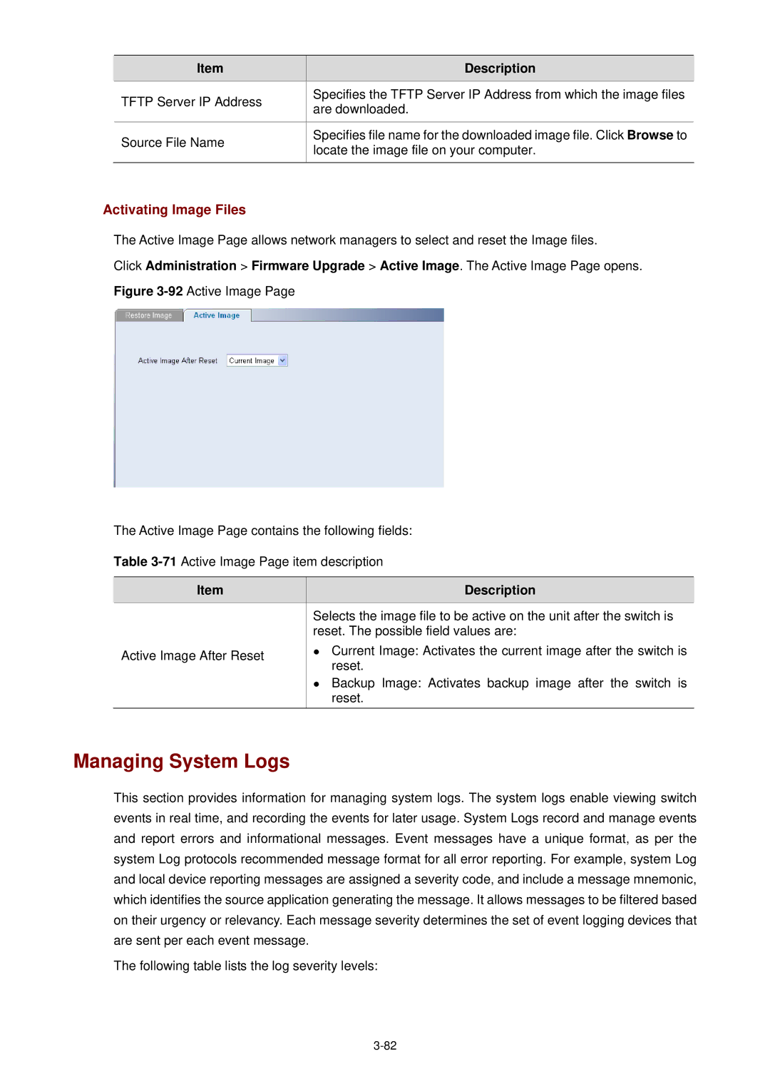 3Com 3CBLSF26H manual Managing System Logs, Activating Image Files 