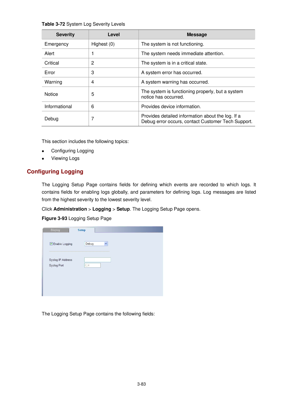 3Com 3CBLSF26H manual Configuring Logging, Severity Level Message 