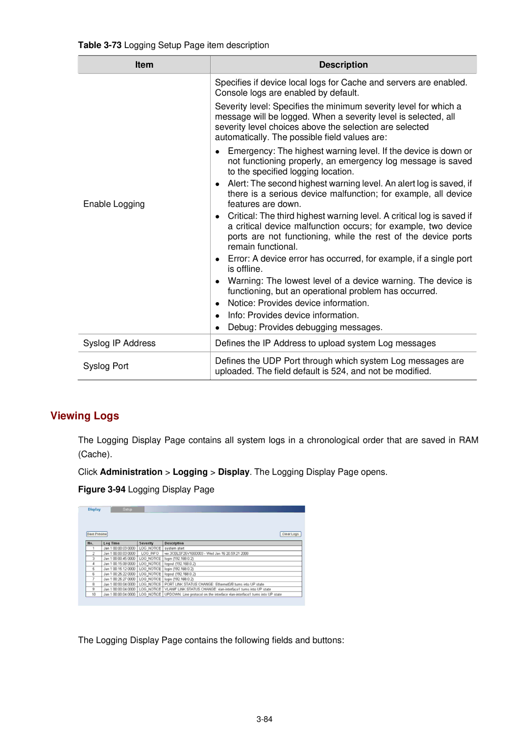 3Com 3CBLSF26H manual Viewing Logs 