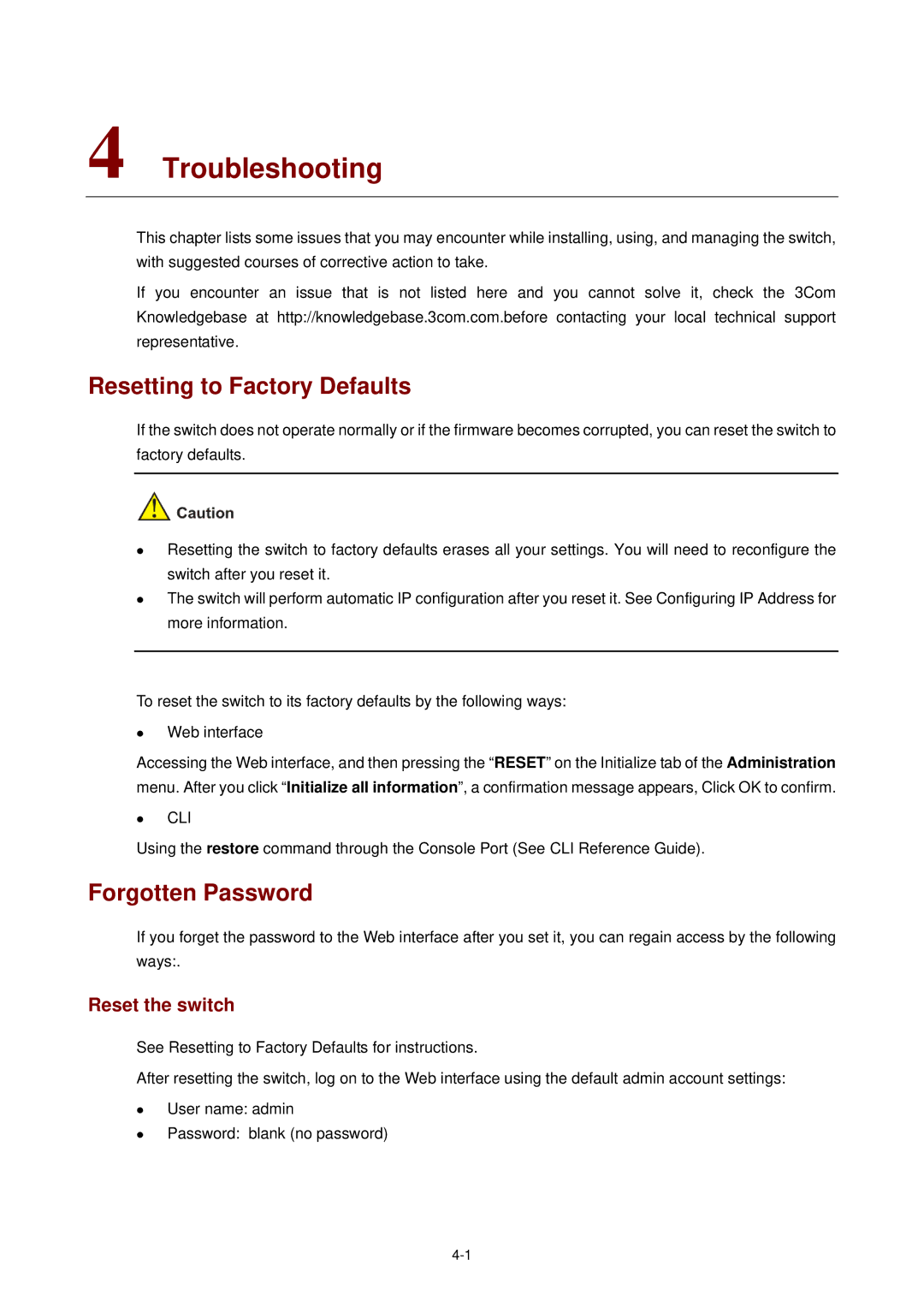 3Com 3CBLSF26H manual Resetting to Factory Defaults, Forgotten Password, Reset the switch 