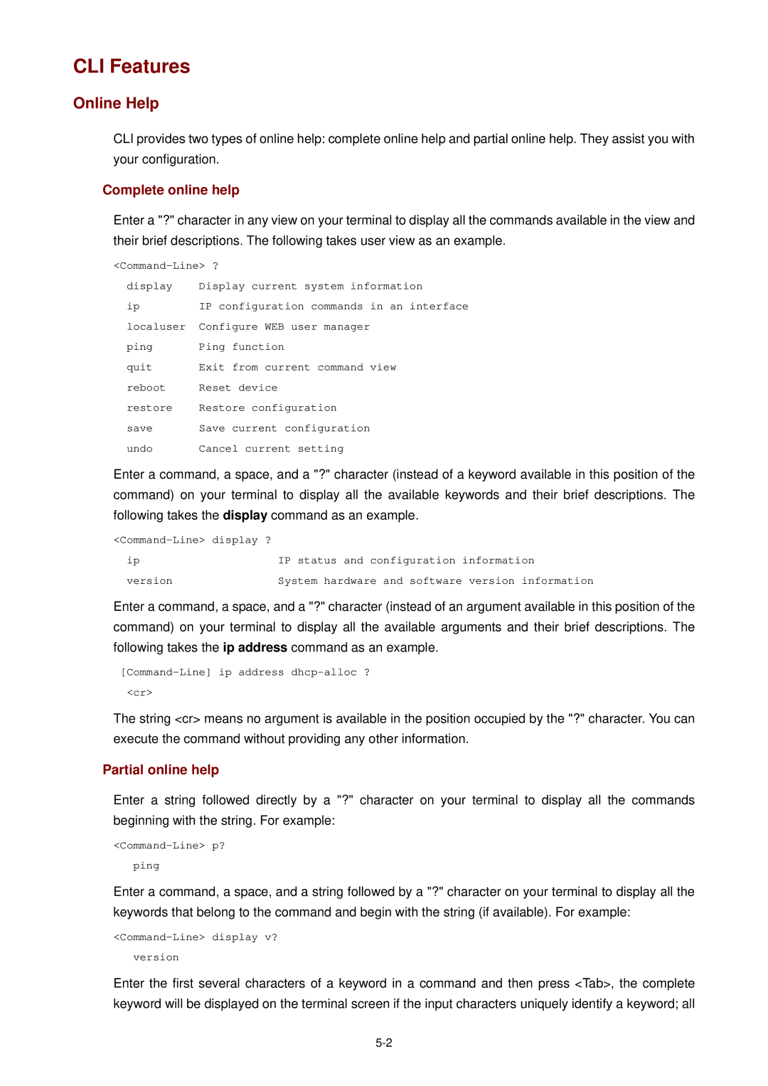 3Com 3CBLSF26H manual CLI Features, Online Help, Complete online help, Partial online help 