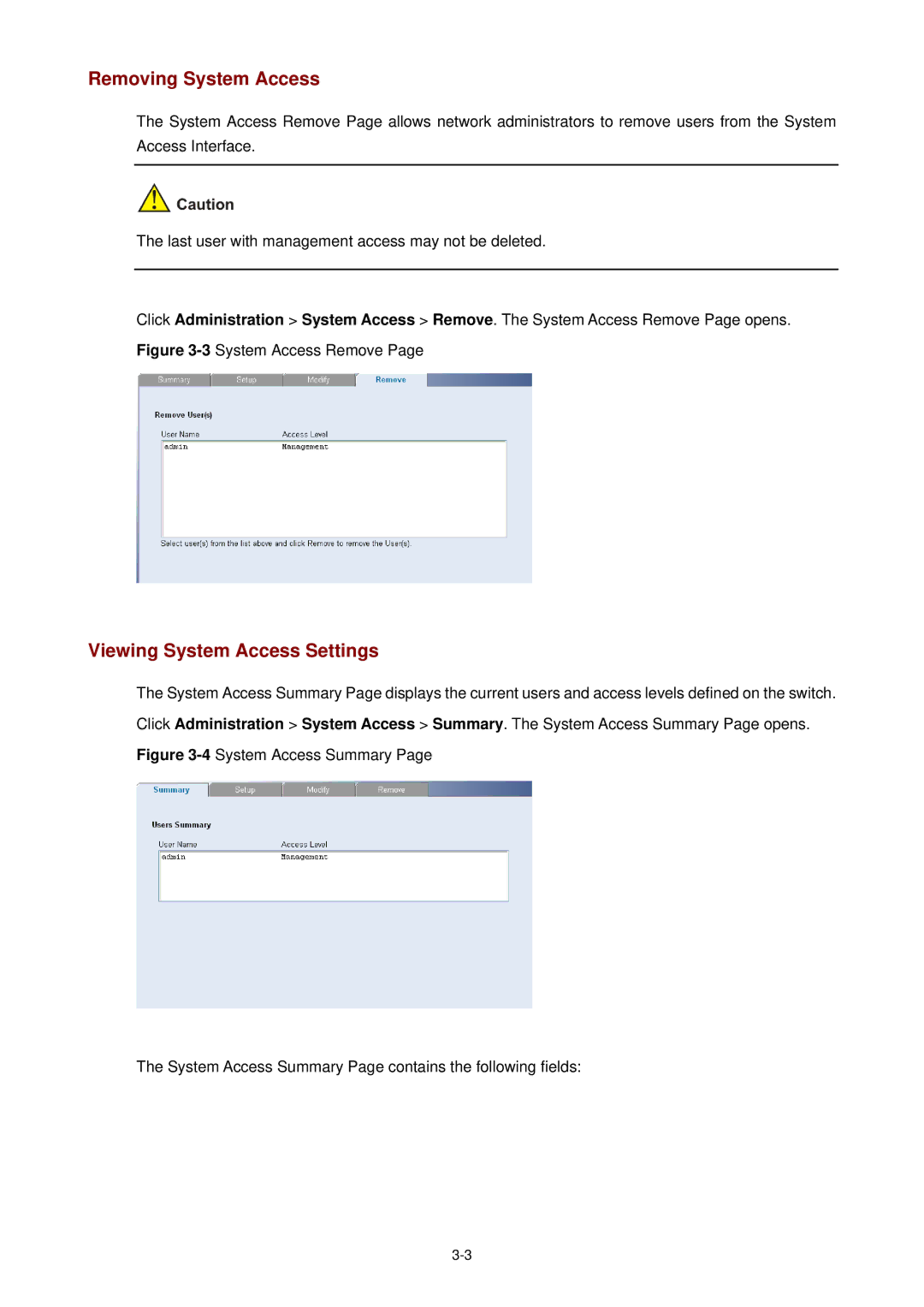 3Com 3CBLSF26H manual Removing System Access, Viewing System Access Settings 