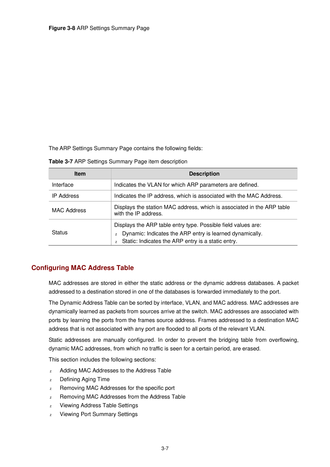 3Com 3CBLSF26H manual Configuring MAC Address Table 