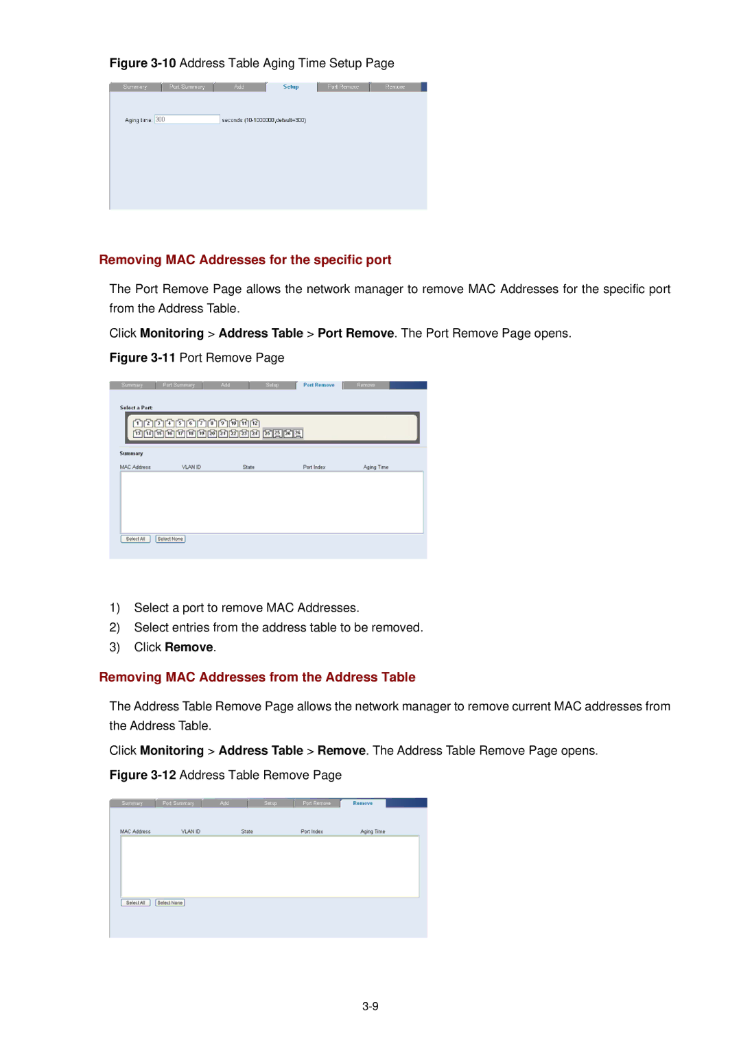 3Com 3CBLSF26H manual Removing MAC Addresses for the specific port, Removing MAC Addresses from the Address Table 