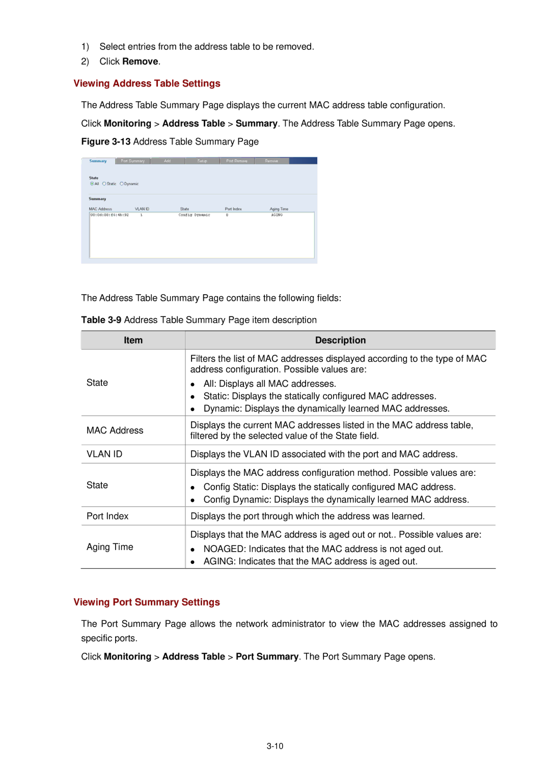 3Com 3CBLSF26H manual Viewing Address Table Settings, Viewing Port Summary Settings 