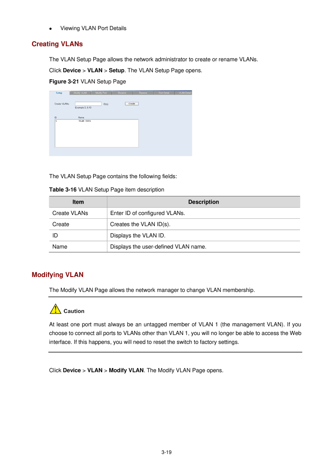 3Com 3CBLSF26H manual Creating VLANs, Modifying Vlan 