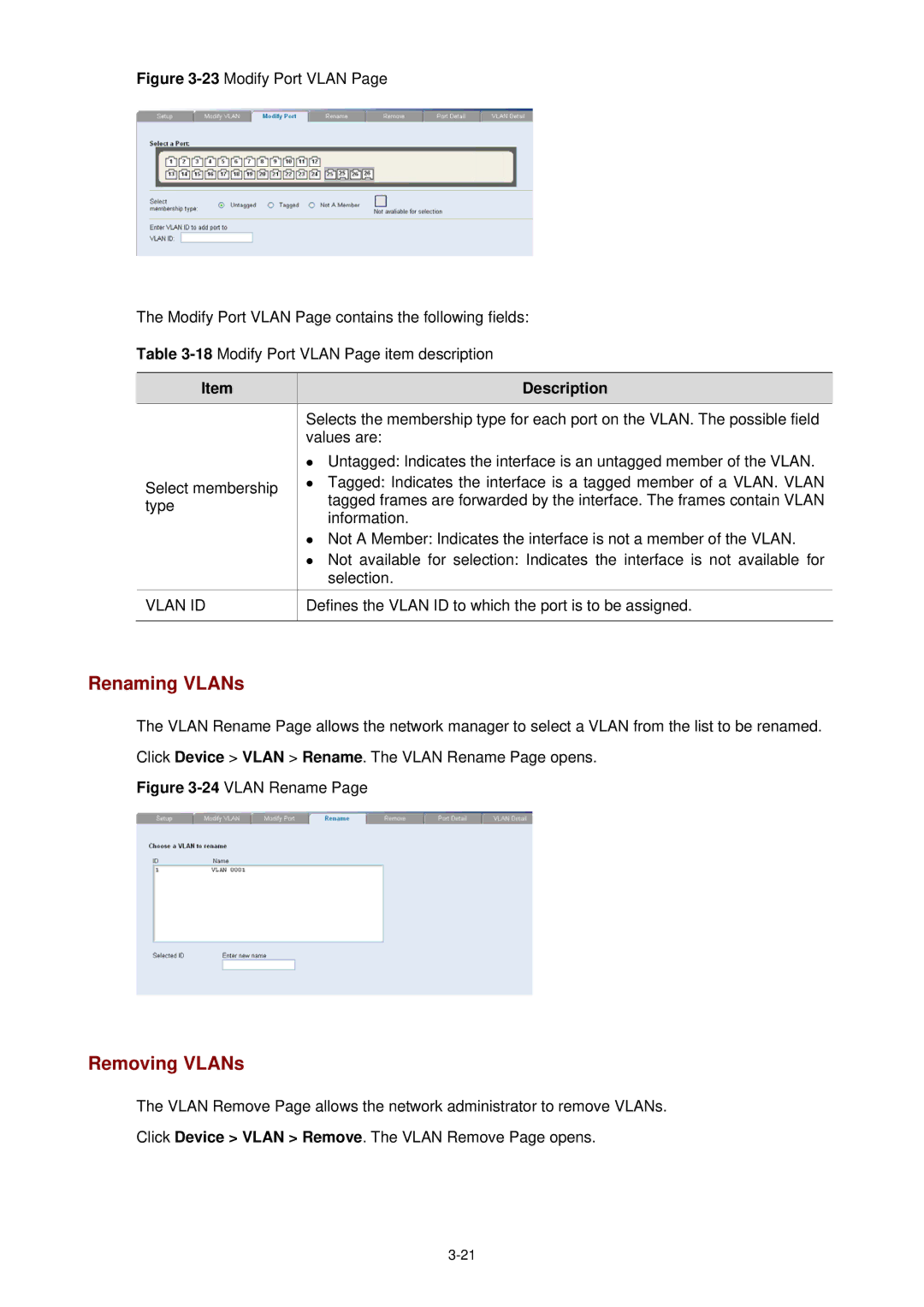 3Com 3CBLSF26H manual Renaming VLANs, Removing VLANs 