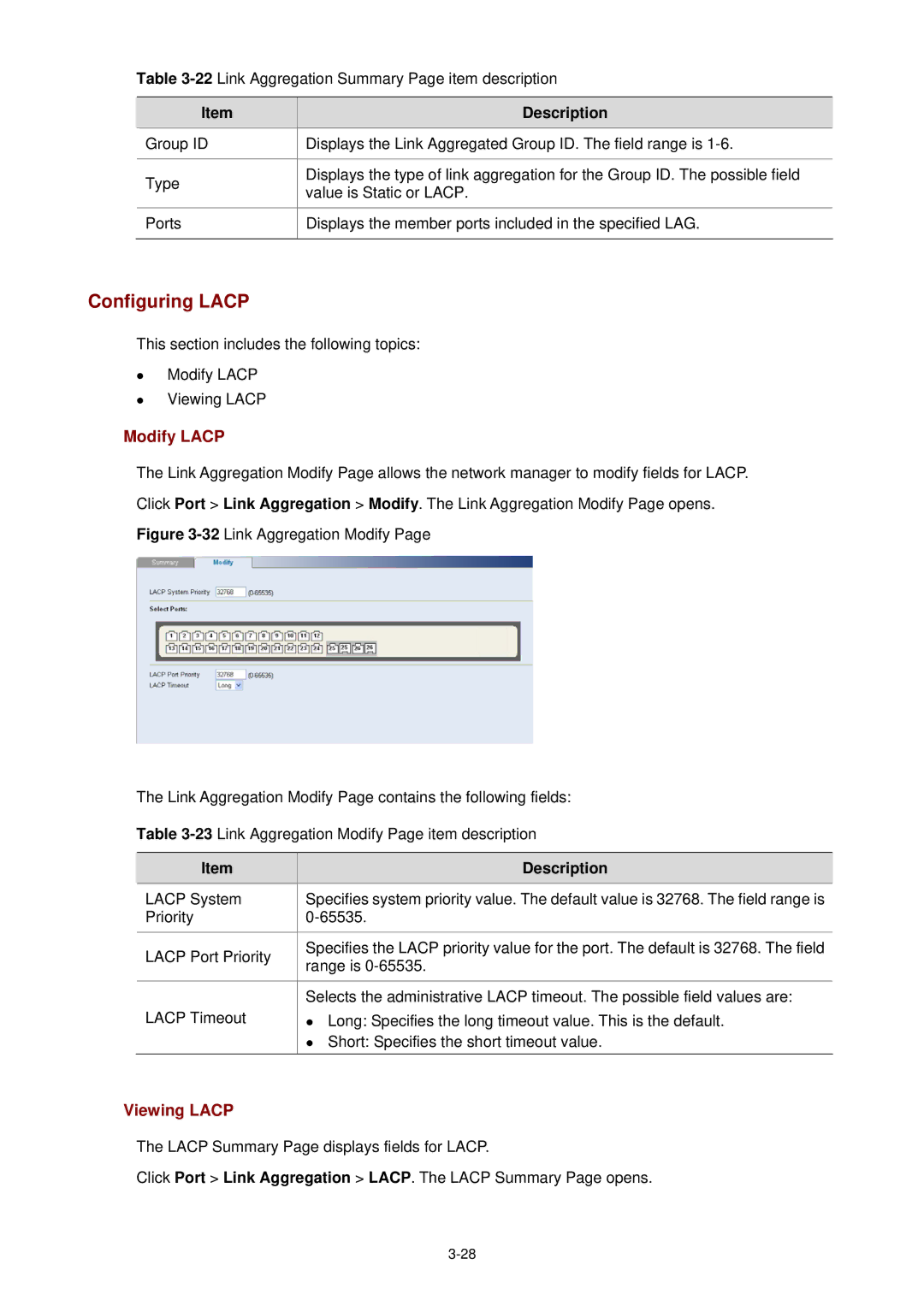 3Com 3CBLSF26H manual Configuring Lacp, Modify Lacp, Viewing Lacp 