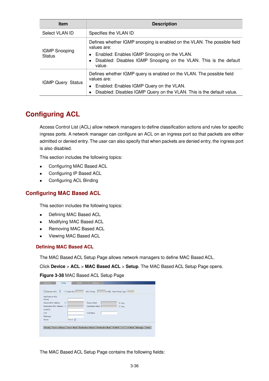 3Com 3CBLSF26H manual Configuring ACL, Configuring MAC Based ACL, Defining MAC Based ACL 