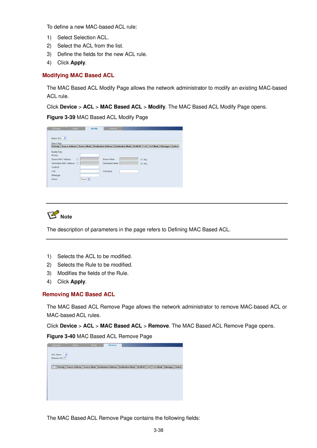 3Com 3CBLSF26H manual Modifying MAC Based ACL, Removing MAC Based ACL 