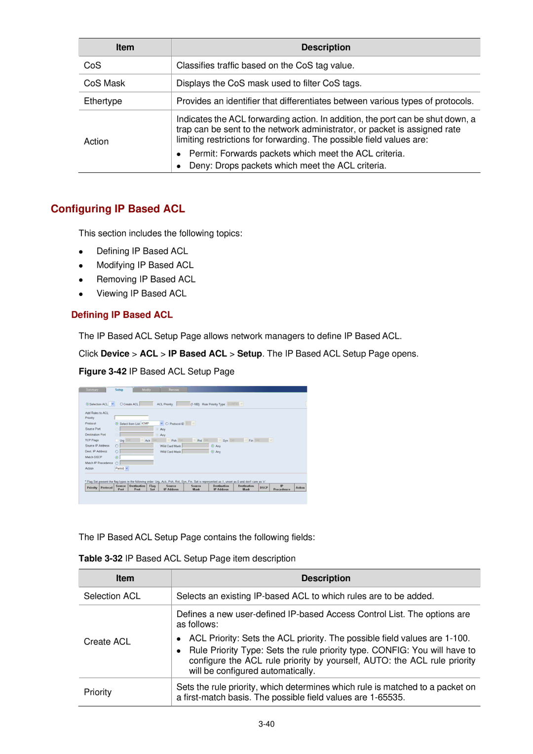 3Com 3CBLSF26H manual Configuring IP Based ACL, Defining IP Based ACL 