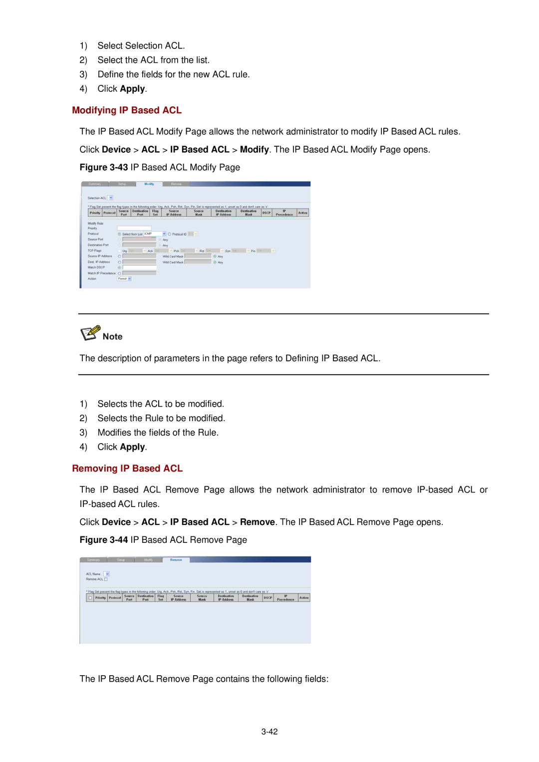 3Com 3CBLSF26H manual Modifying IP Based ACL, Removing IP Based ACL 