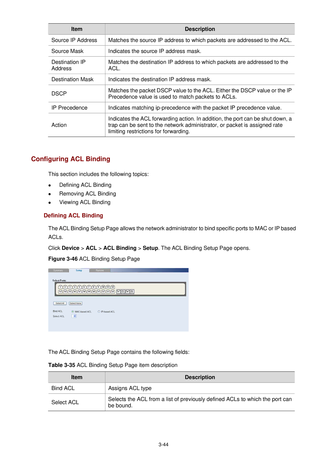 3Com 3CBLSF26H manual Configuring ACL Binding, Defining ACL Binding, Dscp 