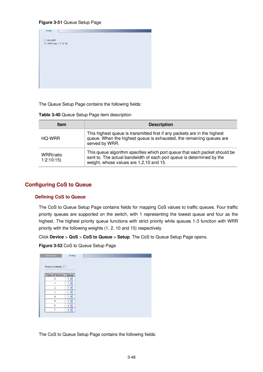 3Com 3CBLSF26H manual Configuring CoS to Queue, Defining CoS to Queue, Hq-Wrr 