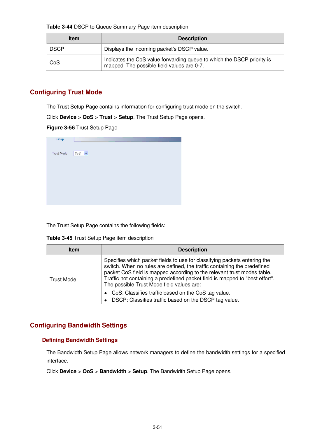 3Com 3CBLSF26H manual Configuring Trust Mode, Configuring Bandwidth Settings, Defining Bandwidth Settings 