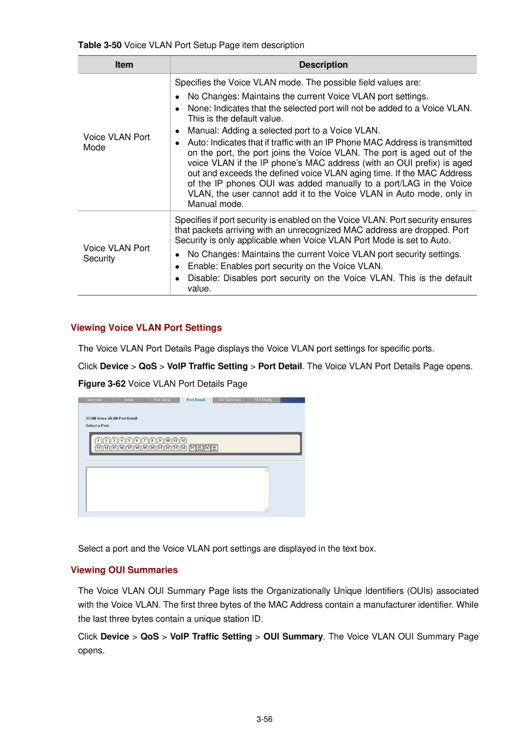 3Com 3CBLSF26H manual Viewing Voice Vlan Port Settings, Viewing OUI Summaries 