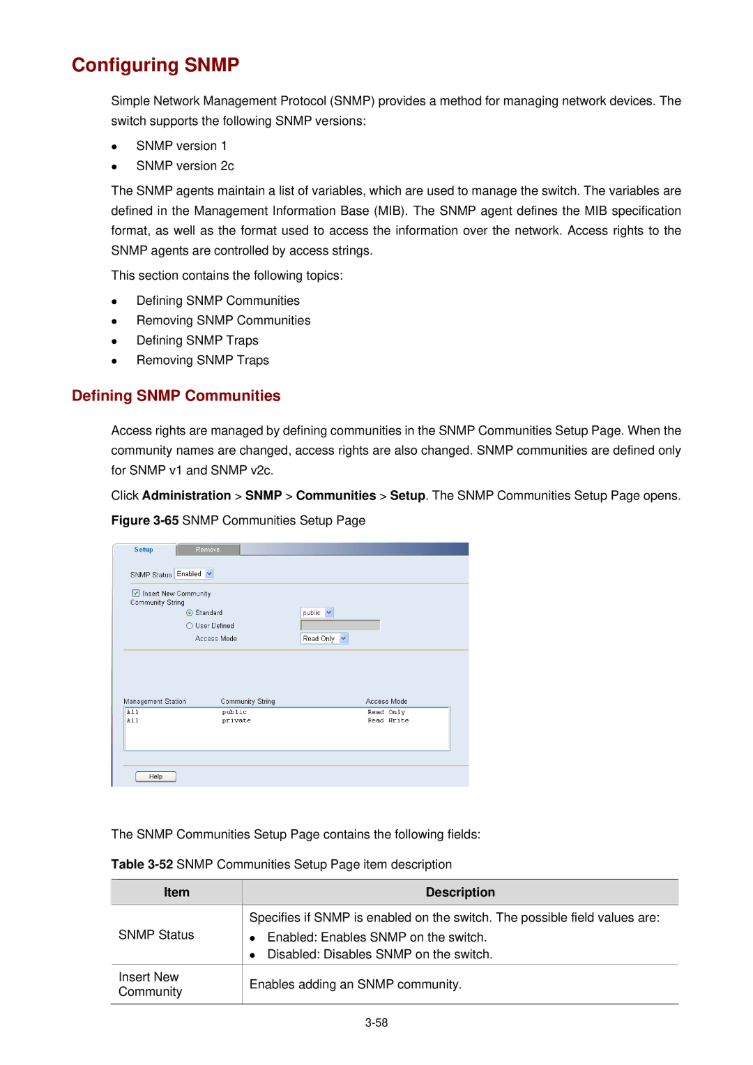 3Com 3CBLSF26H manual Configuring Snmp, Defining Snmp Communities 