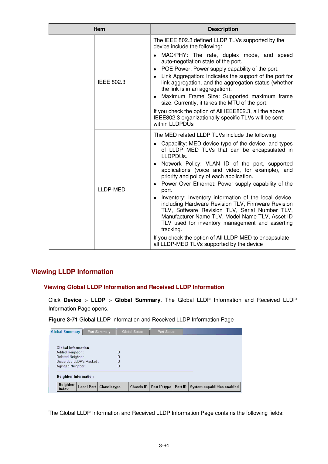 3Com 3CBLSF26H manual Viewing Lldp Information, Lldp-Med 