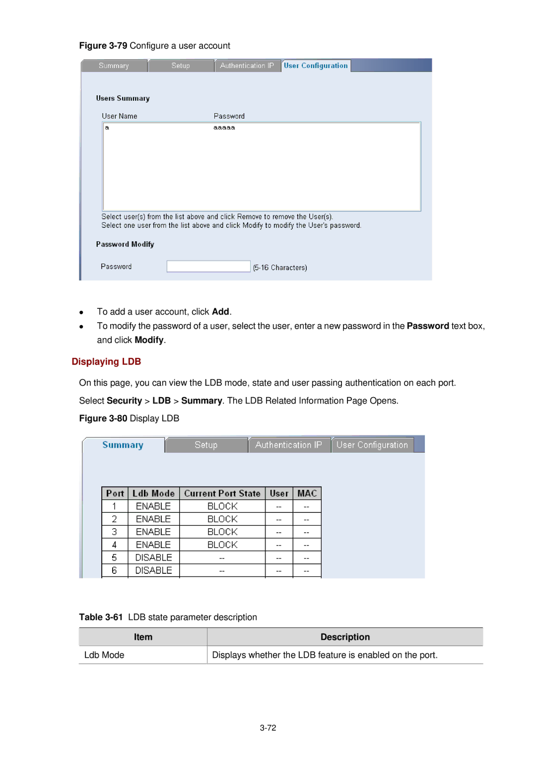 3Com 3CBLSF26H manual Displaying LDB 