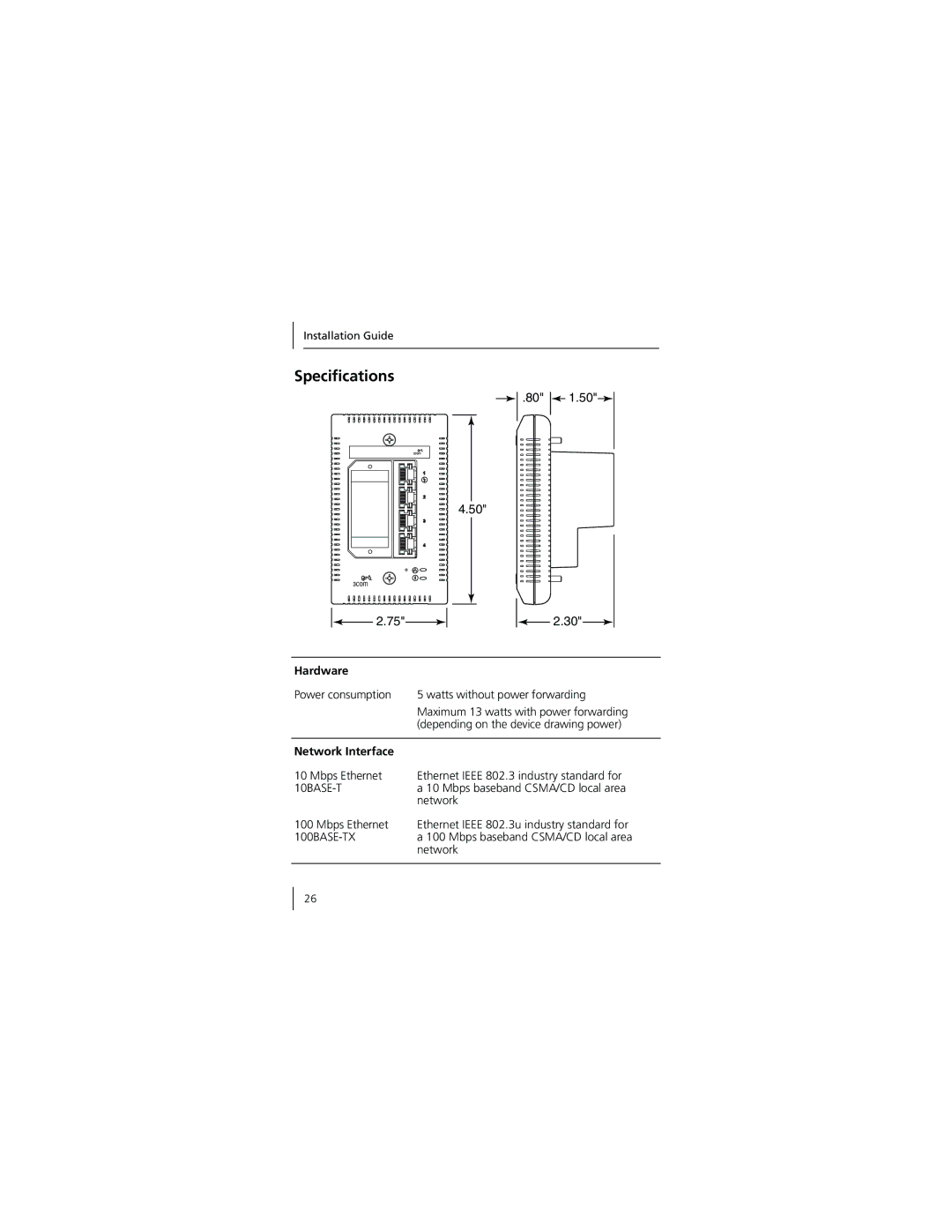 3Com 3CNJ100 manual Speciﬁcations, Hardware 