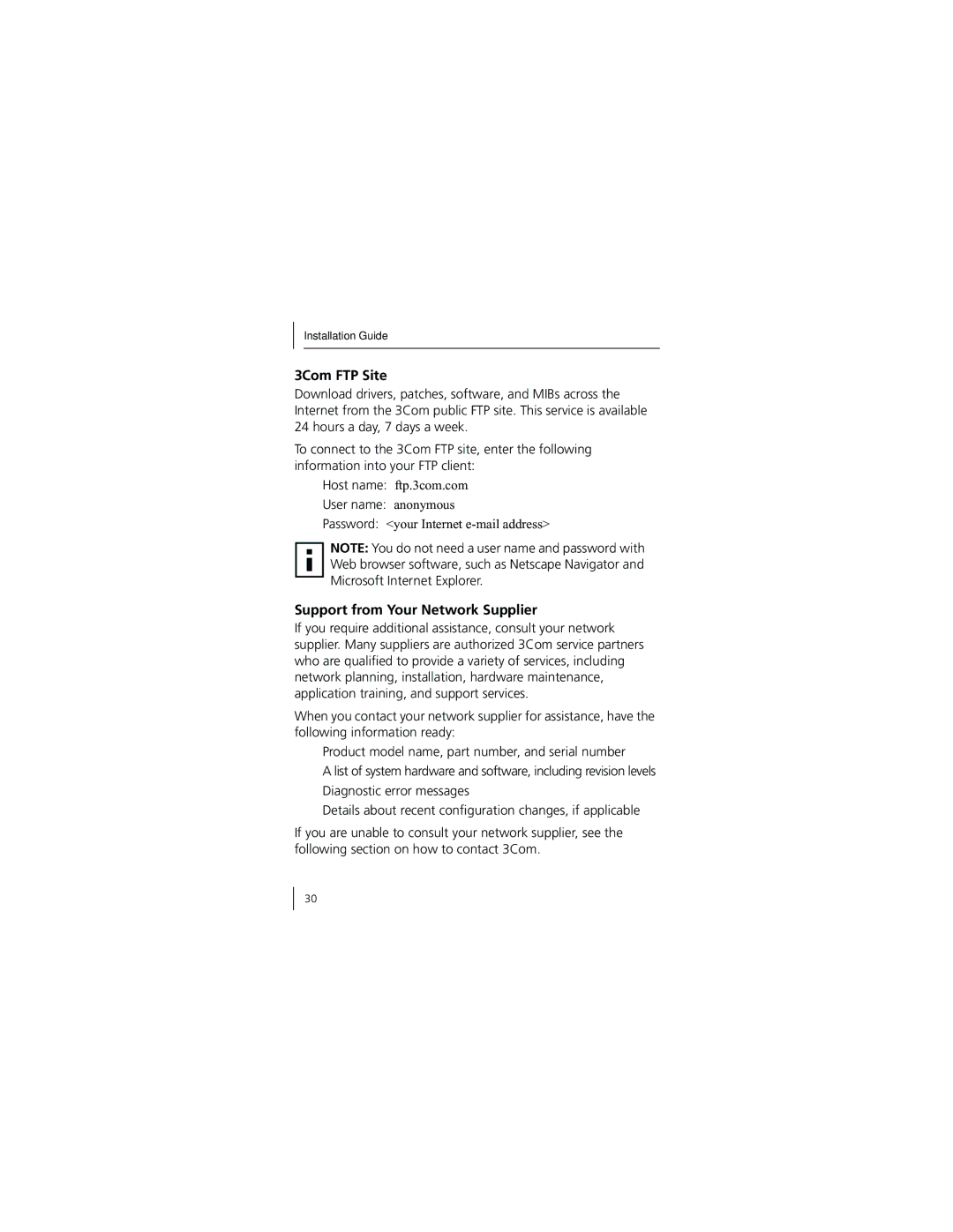 3Com 3CNJ100 manual 3Com FTP Site, Support from Your Network Supplier 