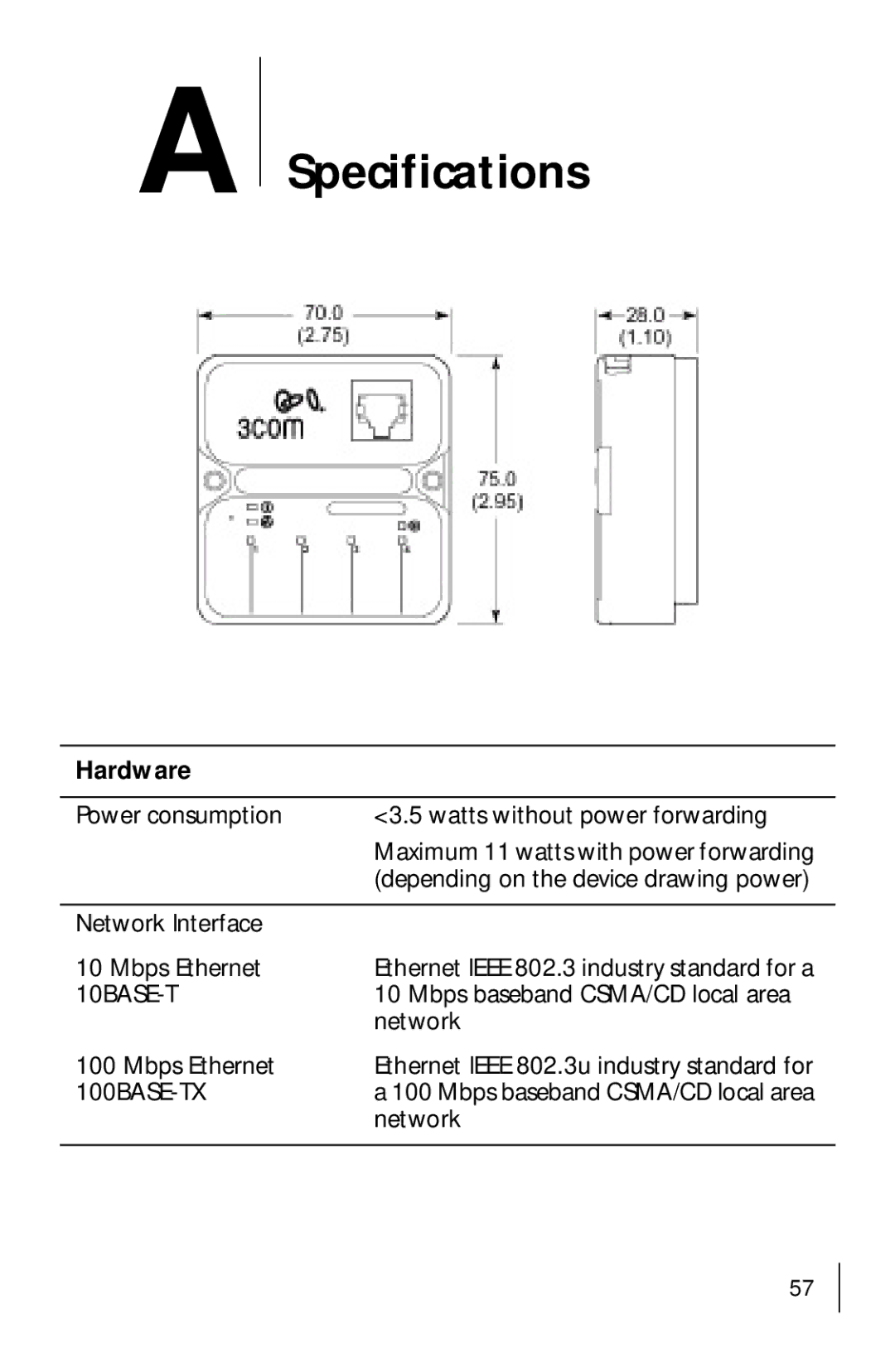 3Com 3CNJ205 manual Specifications 