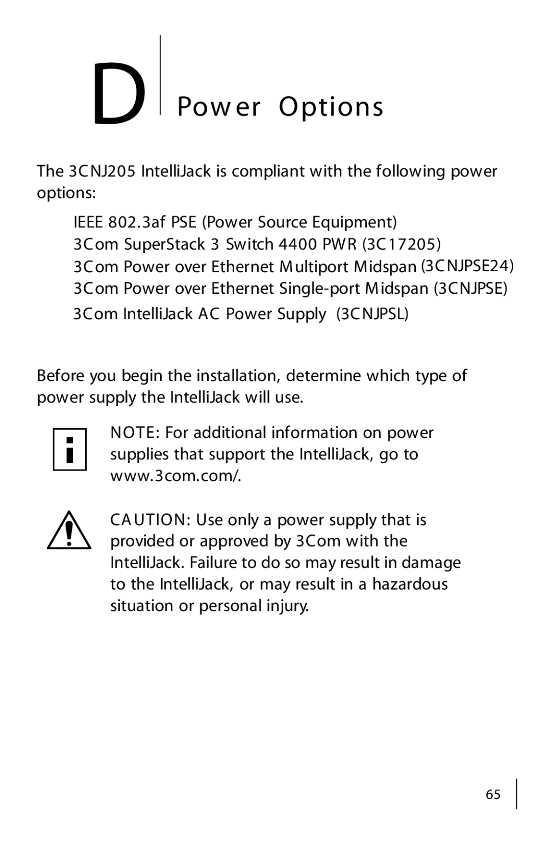 3Com 3CNJ205 manual Pow er Options 