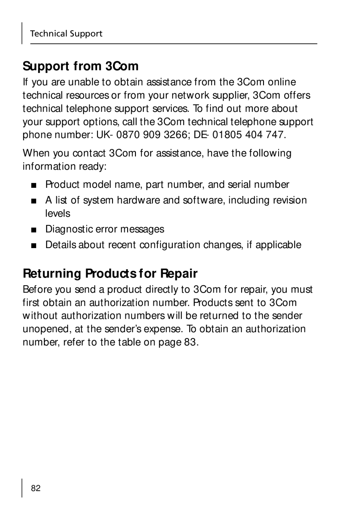 3Com 3CNJ205 manual Support from 3Com, Returning Products for Repair 