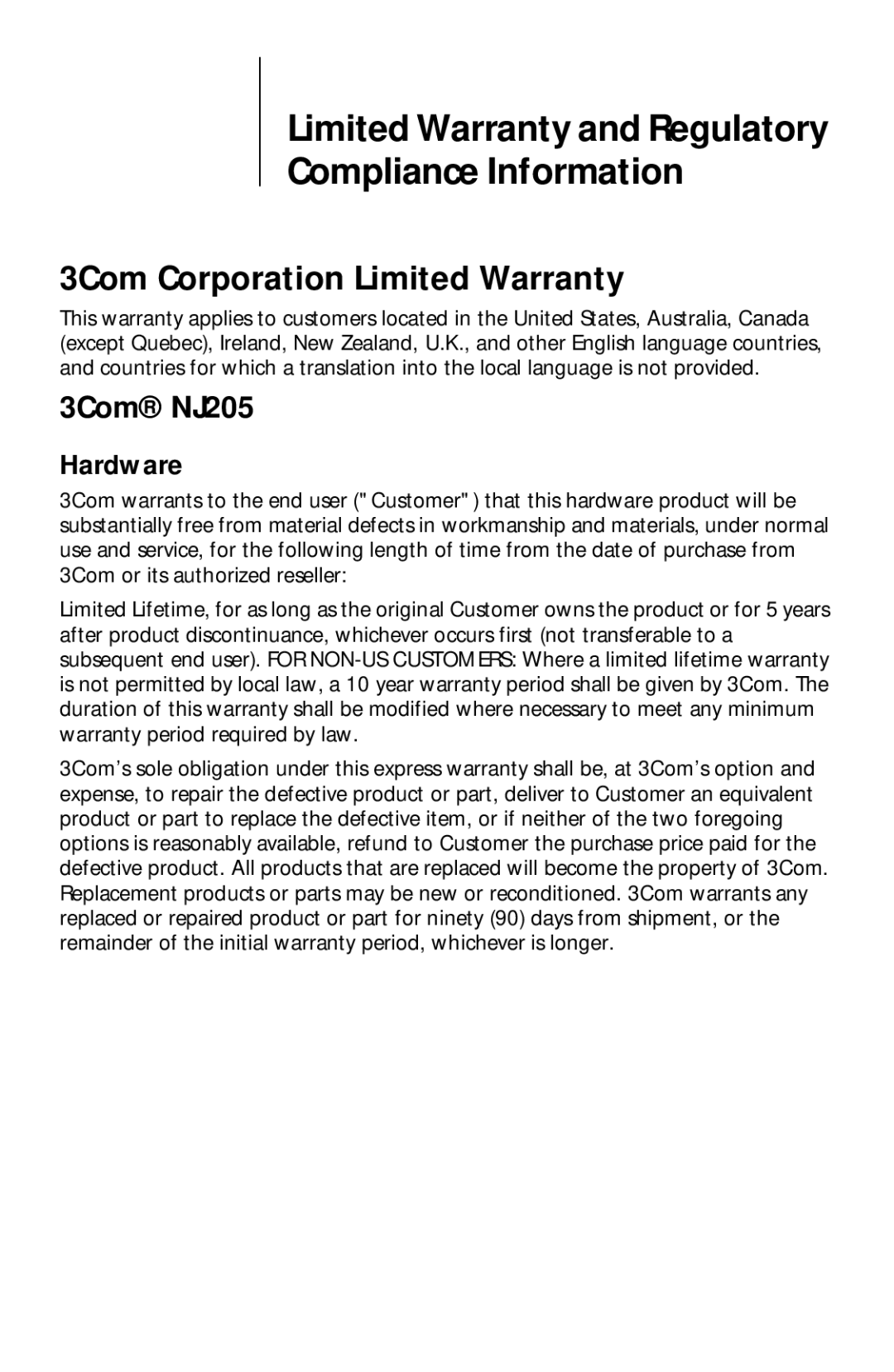 3Com 3CNJ205 manual Limited Warranty and Regulatory Compliance Information, 3Com Corporation Limited Warranty 