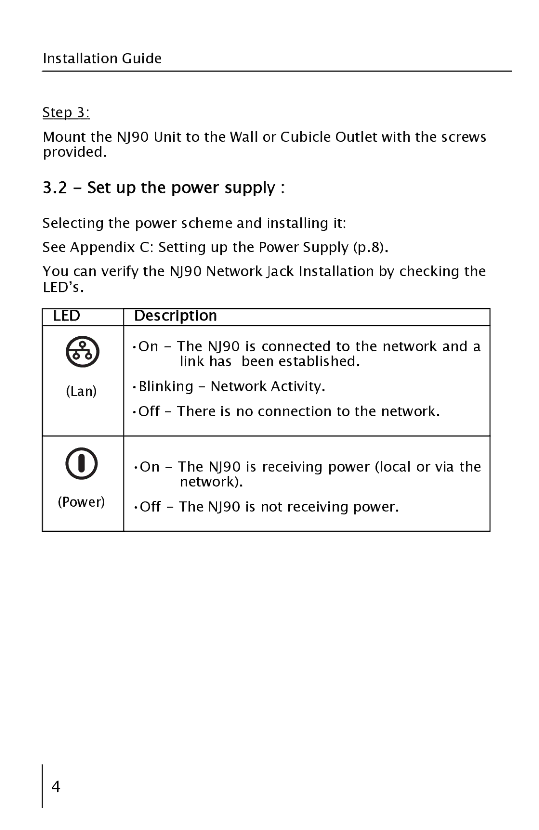 3Com 3CNJ90 manual Set up the power supply, LED Description 