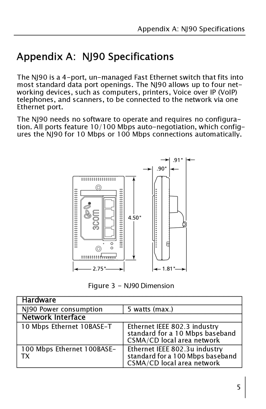 3Com 3CNJ90 manual Appendix a NJ90 Specifications, Hardware, Network Interface 