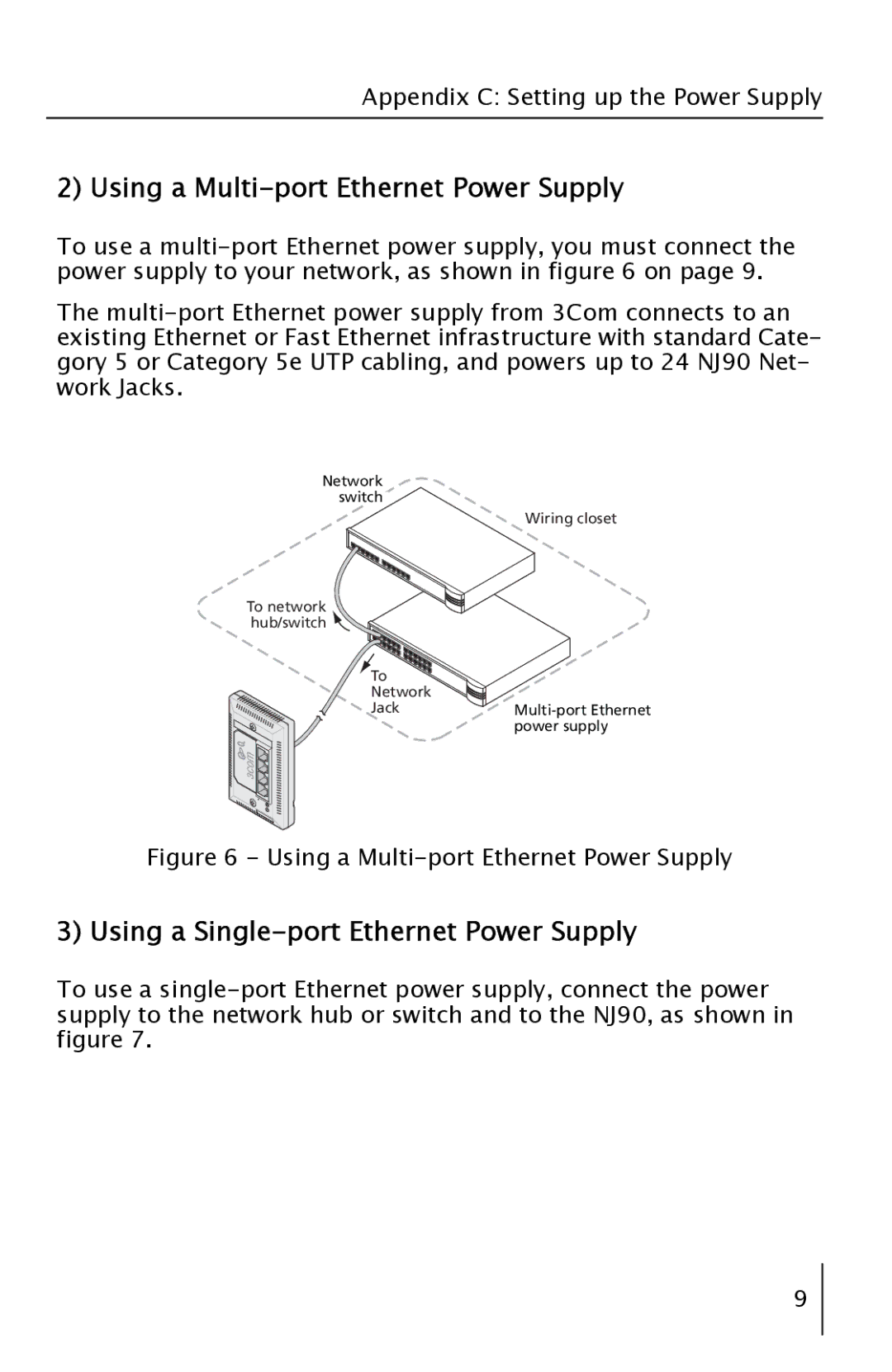 3Com 3CNJ90 manual Using a Multi-port Ethernet Power Supply, Using a Single-port Ethernet Power Supply 