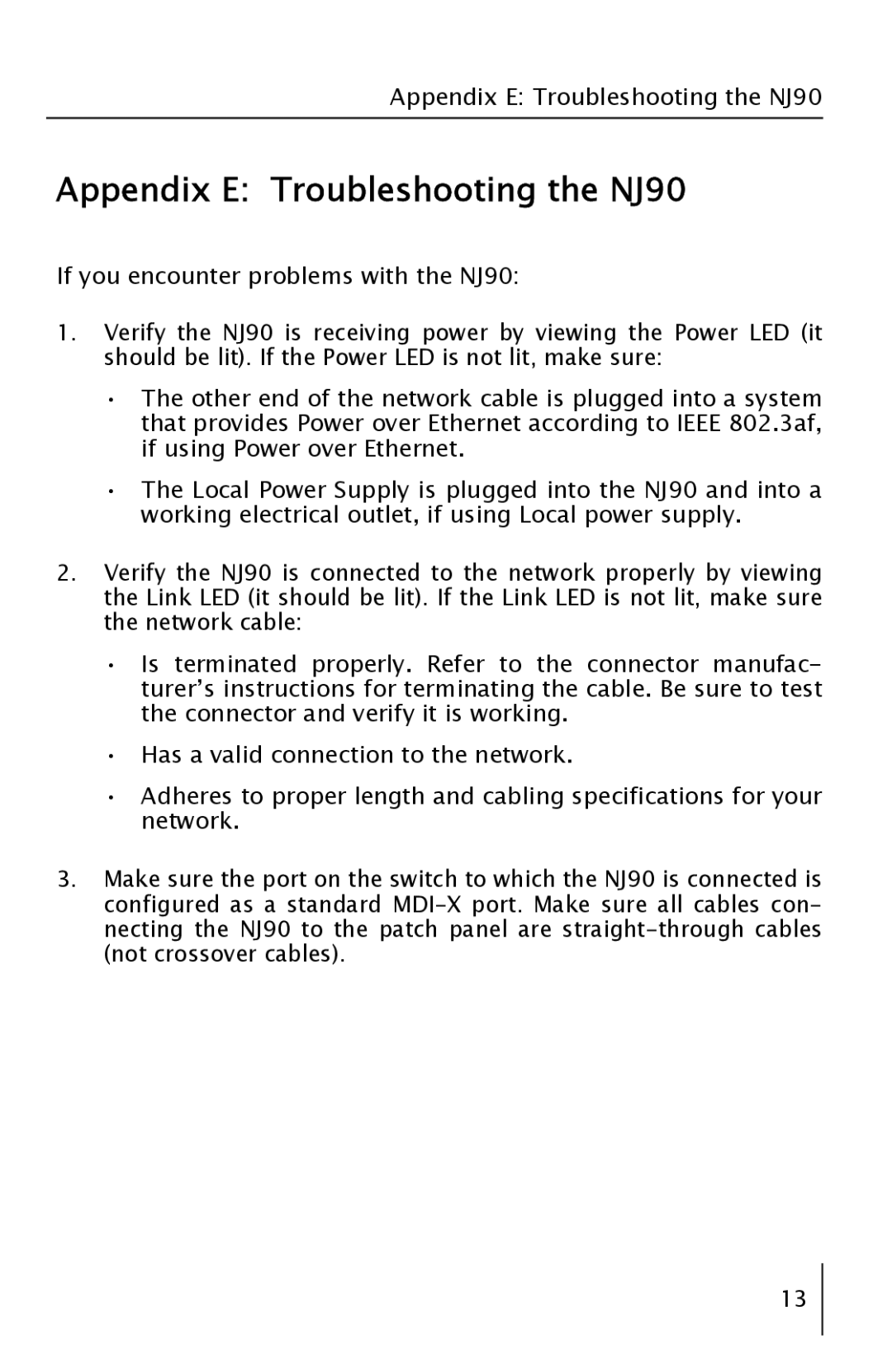 3Com 3CNJ90 manual Appendix E Troubleshooting the NJ90 