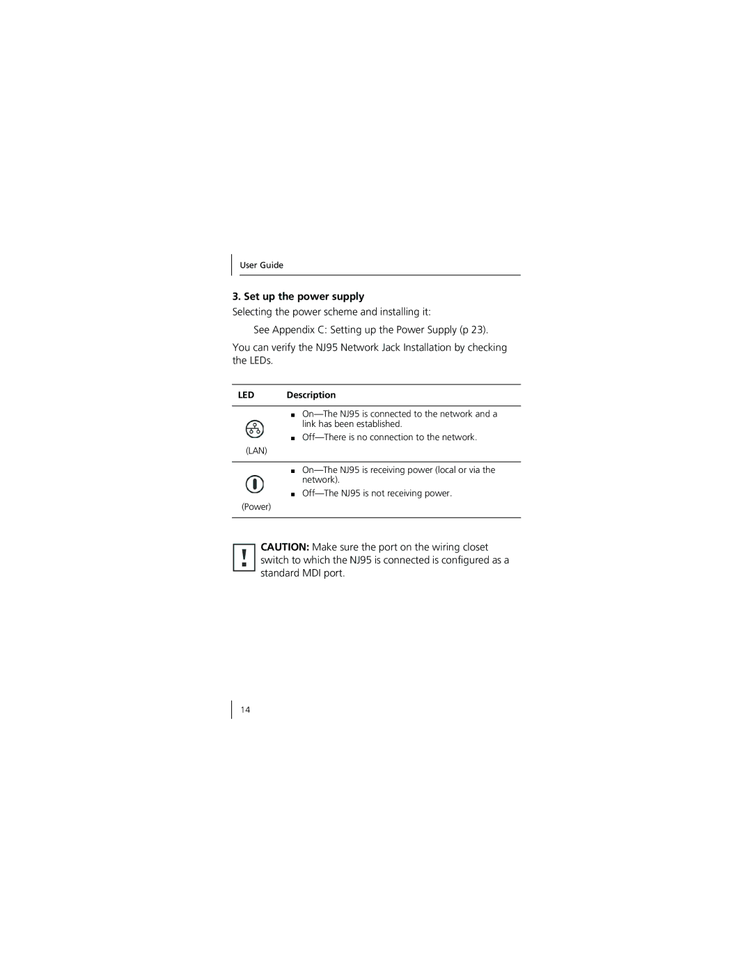 3Com 3CNJ95 manual Set up the power supply, LED Description 