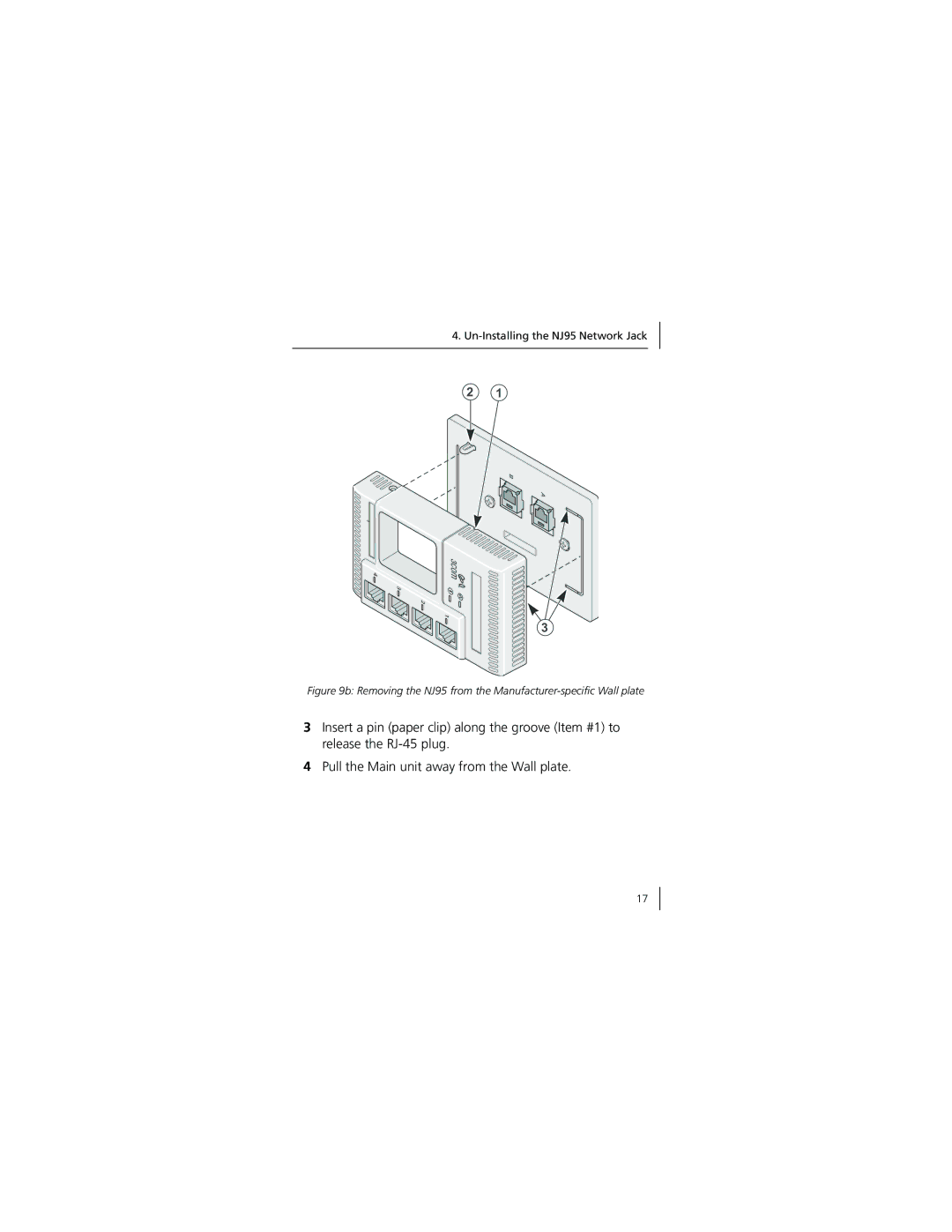 3Com 3CNJ95 manual Removing the NJ95 from the Manufacturer-specific Wall plate 