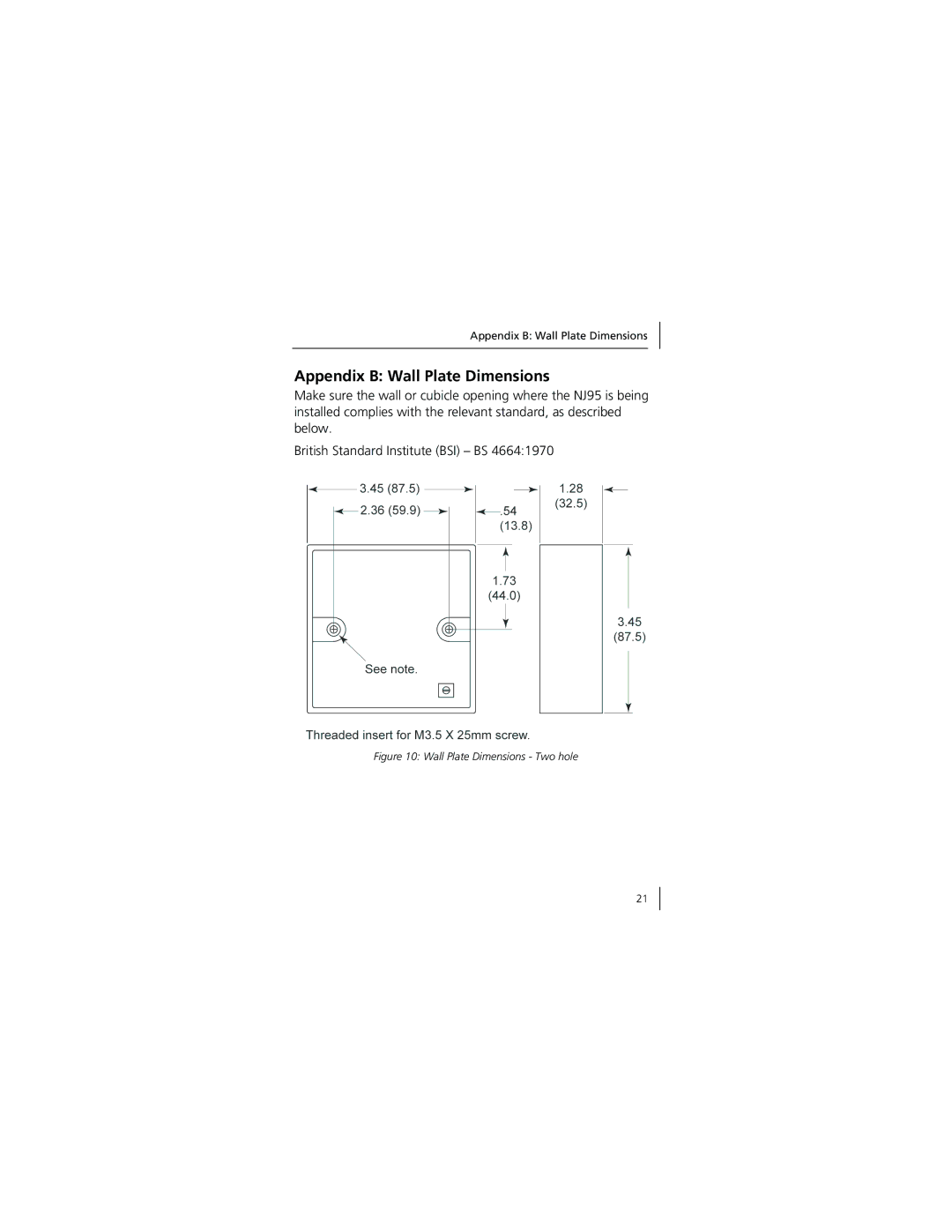 3Com 3CNJ95 manual Appendix B Wall Plate Dimensions, Wall Plate Dimensions Two hole 