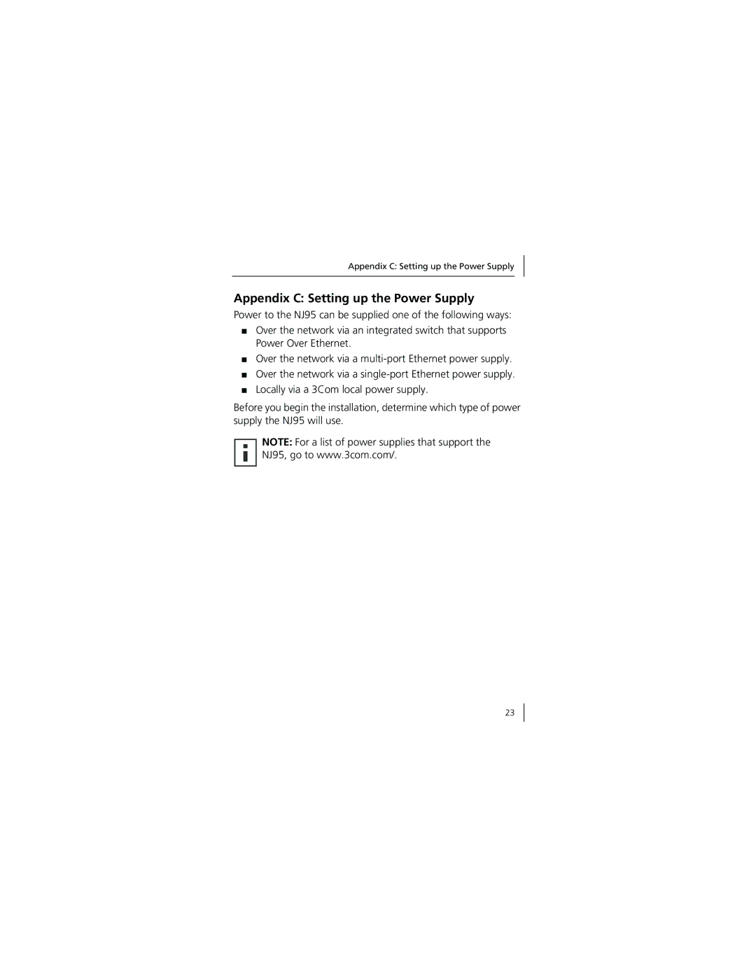 3Com 3CNJ95 manual Appendix C Setting up the Power Supply 