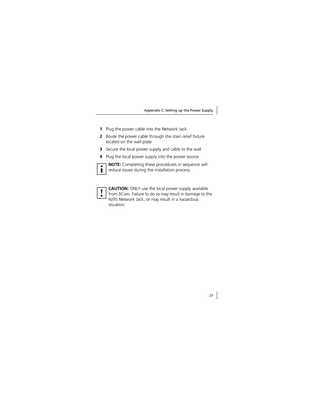 3Com 3CNJ95 manual Appendix C Setting up the Power Supply 